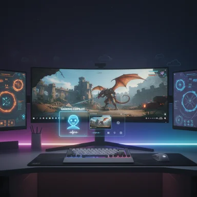 Triple-monitor gaming setup with neon RGB lighting, displaying a dragon battle on the center screen.