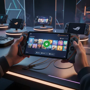 Hands hold a handheld console showing a colorful game library with an Xbox icon in a neon showroom.