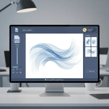 A computer monitor shows a blue, abstract wave design in a digital art app.