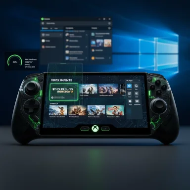 A futuristic Xbox Infinite handheld with neon-green accents and a glowing dashboard.