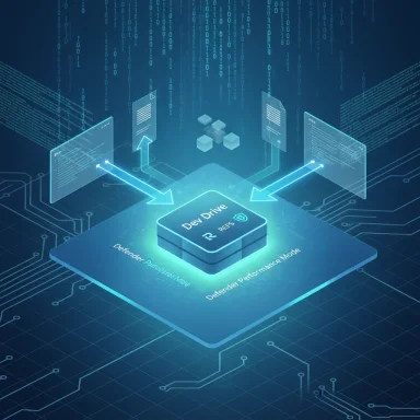 A futuristic cyber-security diagram featuring a central Dev Drive chip connected to holographic screens.