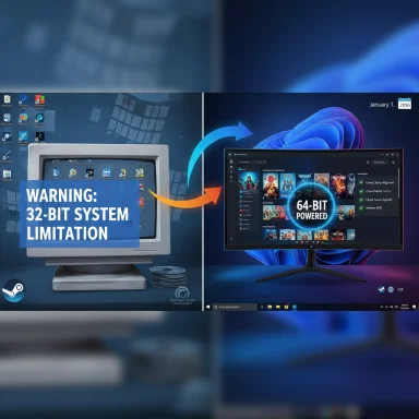 Split-screen illustration: left shows a 32-bit system warning; right shows a 64-bit powered modern PC.