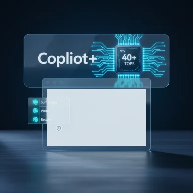 Copilot+ powered by a 40+ TOPS AI chip with neon holographic UI panels.