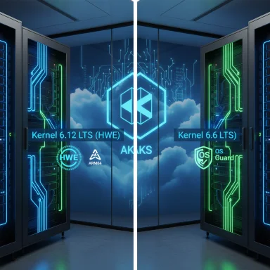 Neon-lit data center with twin server racks and a central AKKS logo, comparing Kernel 6.12 LTS (HWE) and 6.6 LTS.