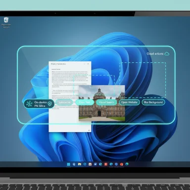 A laptop screen displays neon holographic UI for on-device AI with cloud actions.