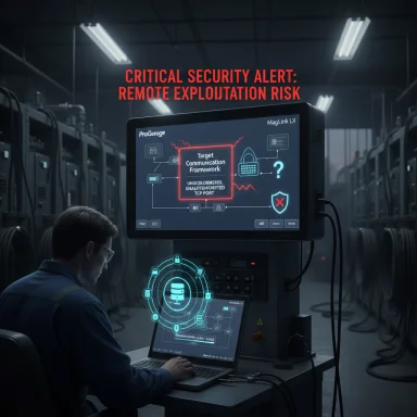 A technician in a server room monitors a critical security alert about remote exploitation risk.