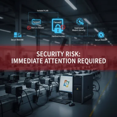 Server room scene with a red alert banner reading “Security Risk: Immediate Attention Required.”