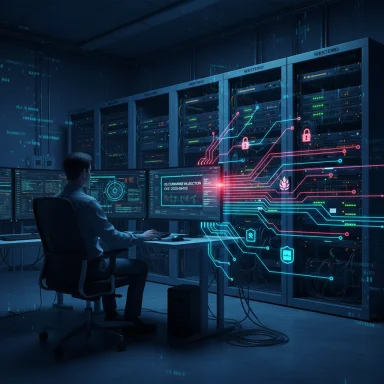 A technician monitors servers in a data center with neon circuit overlays.
