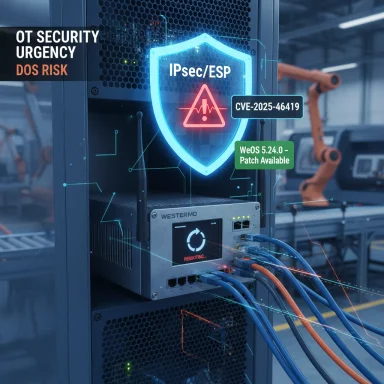 Industrial server rack with a glowing IPsec/ESP shield and CVE patch notice.