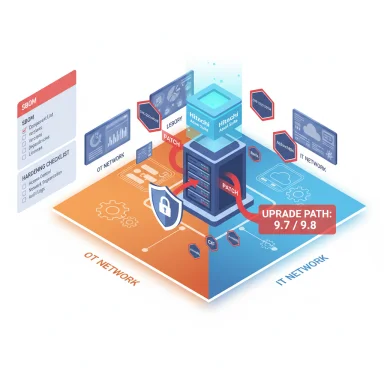 A 3D infographic shows upgrading OT/IT networks with patches, security symbols, and a 9.7/9.8 upgrade path.