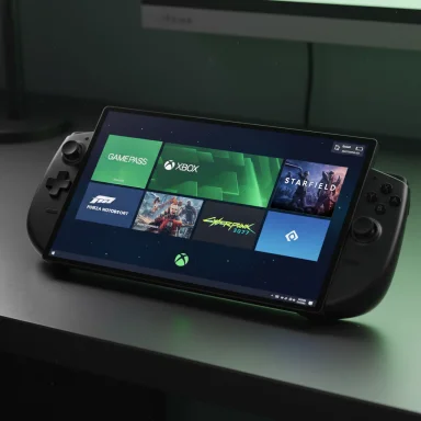 Handheld gaming console displaying Xbox Game Pass UI with various game tiles.