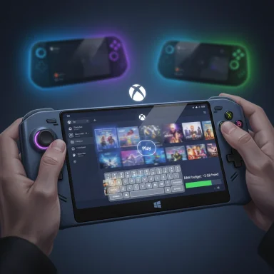A handheld Xbox console displays a game library with neon-lit controllers glowing in the background.