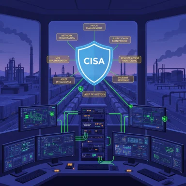 A futuristic security operations center with a glowing CISA shield and network monitoring dashboards.