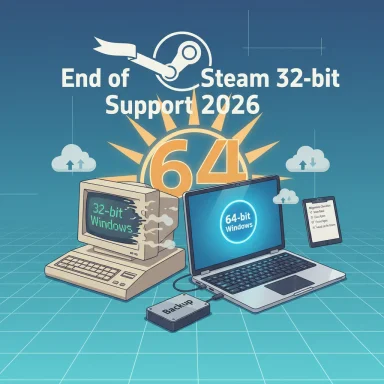 Illustration announcing Steam ending 32-bit support in 2026, with 32-bit vs 64-bit Windows visuals.
