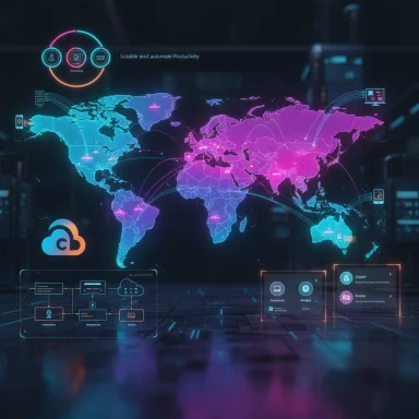 A neon holographic world map with interconnected data nodes and cloud icons.
