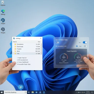 Windows 11 desktop with floating Settings and Opt-in Folder Sizes panels held by hands.