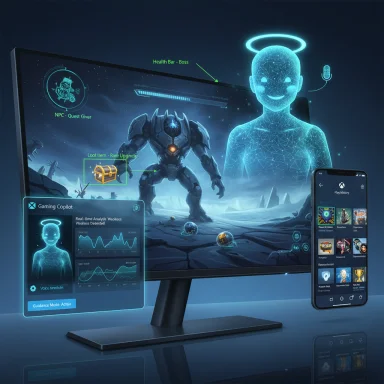 Futuristic gaming setup with a holographic AI companion, a towering boss, and a glowing HUD.