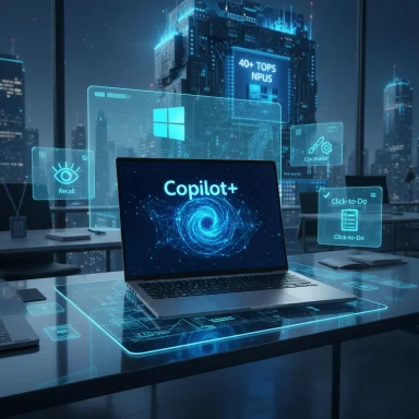 Futuristic office with holographic UI panels surrounding a laptop displaying Copilot+.