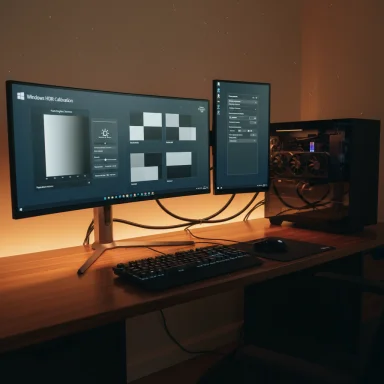 A dual-monitor computer setup displaying HDR calibration software, with a glass-panel PC tower to the right.