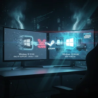 Two curved monitors display Windows 10 32-bit end of support and Windows 10 64-bit New Horizon with Steam.