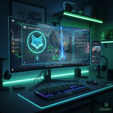 Neon-lit gaming desk with a curved monitor showing a neon UI and a phone dock.