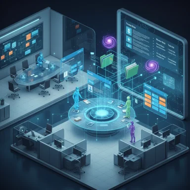 Futuristic command center with holographic displays, avatars, and a circular data hub.