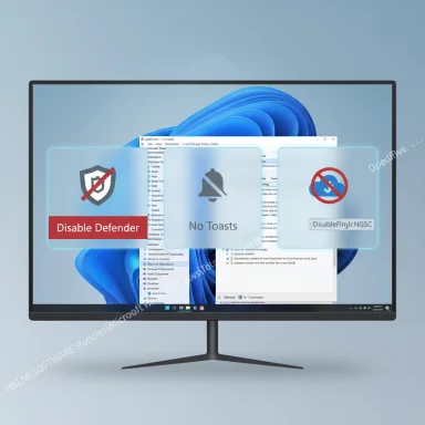 A computer monitor displays blue security popups urging 'Disable Defender' and other protections.