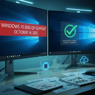 Two monitors display a Windows 10 end-of-support banner while a desk calendar shows Oct 14, 2025.