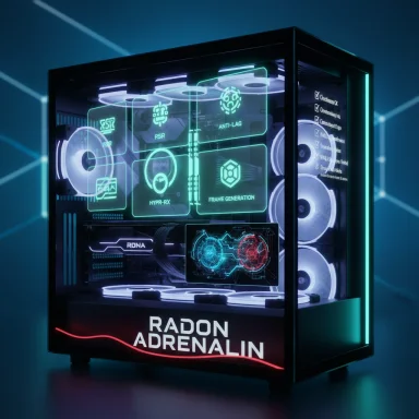 Neon-lit gaming PC with holographic UI panels and a RADON ADRENALIN display.