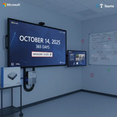 Microsoft Teams training room with a large screen announcing Oct 14, 2025 and Windows 10 EOS.