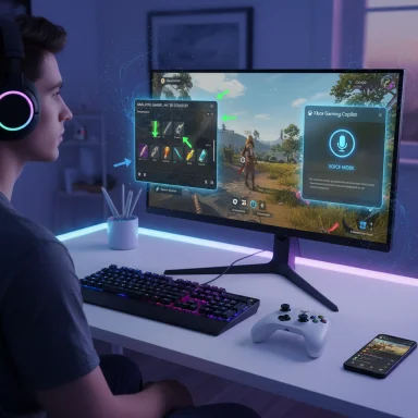 Gamer wearing a headset plays a game on a large monitor with in-game overlays and a phone nearby.
