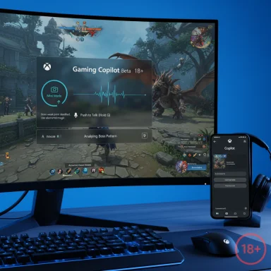 Gaming setup with a monitor and phone displaying Gaming Copilot Beta 18+ overlay during a fantasy RPG.