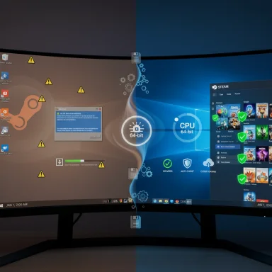 A dual-monitor desktop split between a warning-filled left screen and a Windows/Steam right screen.