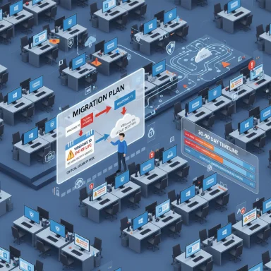 A large IT operations floor features a migration plan board guiding a cloud deployment.