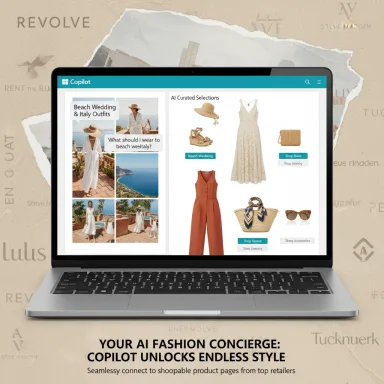 Laptop displays Copilot, an AI fashion concierge with curated outfits and shoppable items.