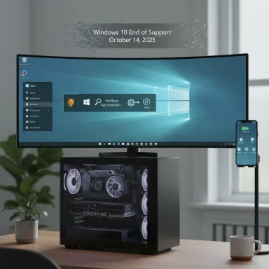 Curved monitor above a glass-panel PC case shows Windows 10 End of Support; smartphone on a stand nearby.