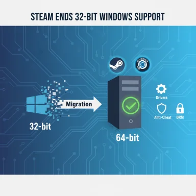 Steam ends 32-bit Windows support; migrating to 64-bit with drivers, anti-cheat, and DRM.