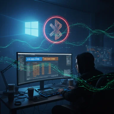 A hooded hacker sits at a dim desk, watching CVEs on screens amid neon data waves.