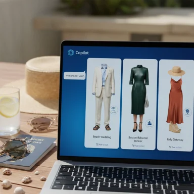 Laptop screen shows the Copilot fashion catalog with three outfit cards: beige suit, green dress, and orange dress.