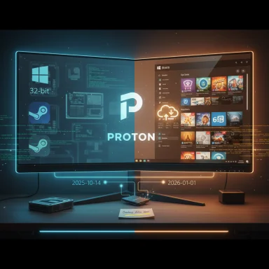 Neon-lit dual-monitor setup showing Windows 32-bit on the left and Proton UI on the right.