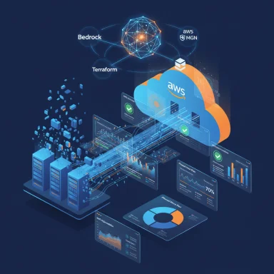 Futuristic cloud architecture diagram showing AWS services connected with Bedrock and Terraform.