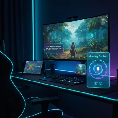 Futuristic gaming setup with neon blue lighting, a large monitor, and a holographic 'Gaming Copilot' panel.