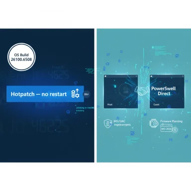 Split-screen UI showing OS Build 26100.6508: 'Hotpatch — no restart' on the left and 'PowerShell Direct' on the right.