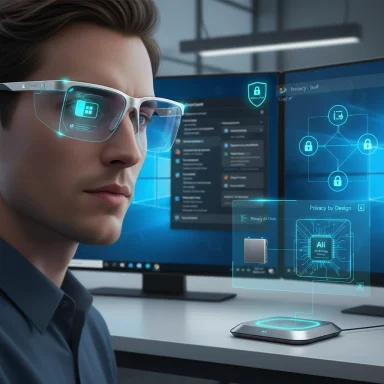 Futuristic man wearing AR glasses views holographic UI panels around a desk.