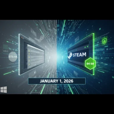 Futuristic Steam-themed display with two screens, a 64-bit badge, and January 1, 2026.