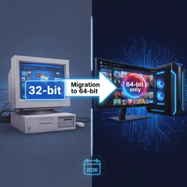 Old 32-bit PC upgrades to a modern 64-bit gaming PC, symbolizing migration to 64-bit in 2026.
