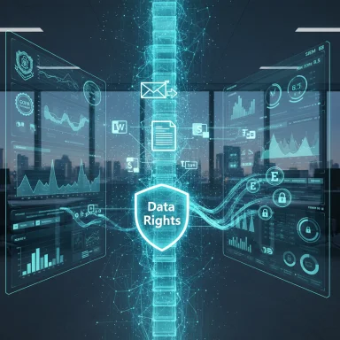 Futuristic cyber-security scene featuring a Data Rights shield over holographic dashboards.