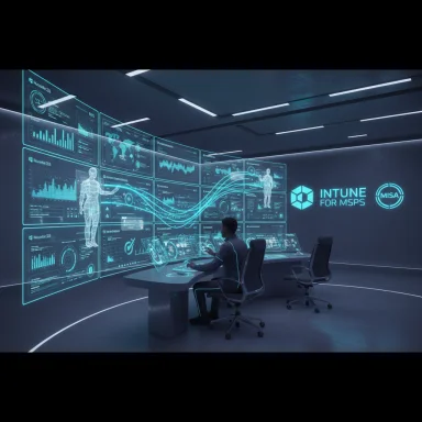 Futuristic control room with neon blue holographic dashboards and an operator at a desk.