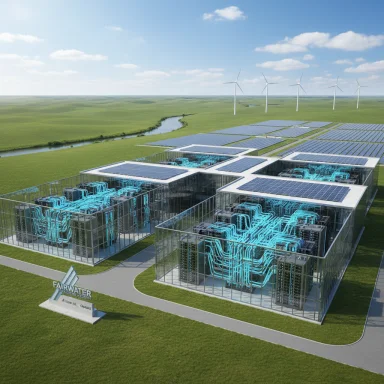 Futuristic data center with glass walls, blue cooling pipes, solar panels, and distant wind turbines.