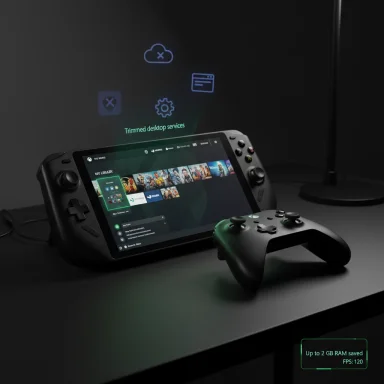 A handheld console with detachable controllers on a desk, displaying a game library and floating UI icons.